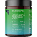 Back label of Salty Kiwi - 30 Serve Tub by Sodii showing electrolyte content and hydration mix details on blue-green gradient tub.