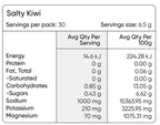 Nutrition facts label for Salty Kiwi - 30 Serve Tub by Sodii showing energy, protein, fat, carbs, sodium, potassium, and magnesium content.