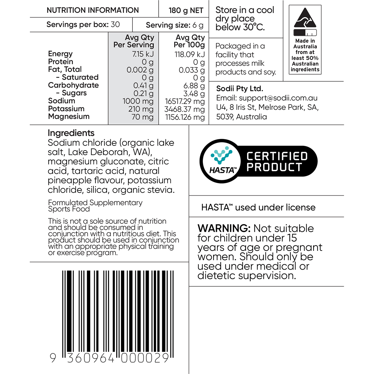 Salty Pineapple - 30 Sachets nutrition label by Sodii, showing ingredients, minerals, and certification details.