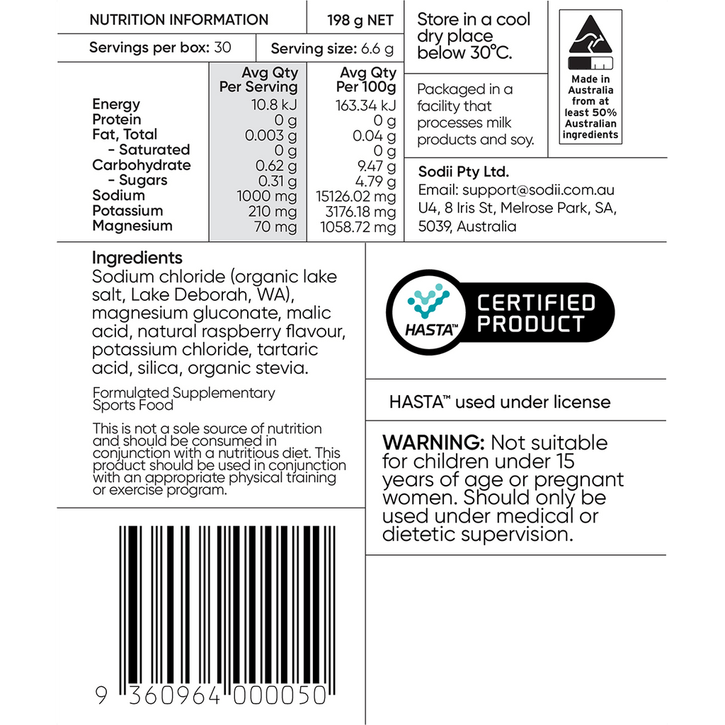 Salty Raspberry - 30 Sachets nutritional label and ingredient details by Sodii from Drinks and Electrolytes collections.