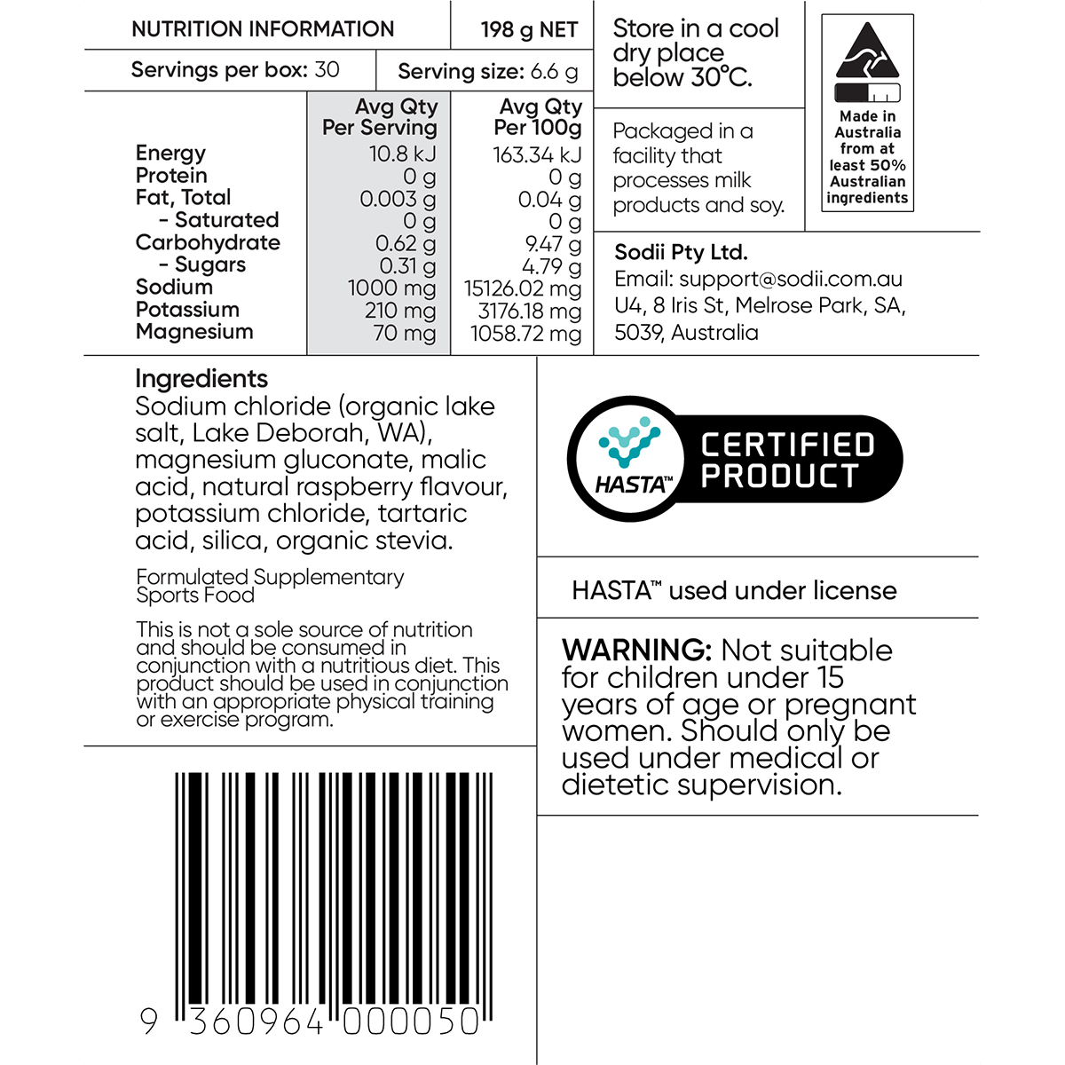 Salty Raspberry - 30 Sachets nutritional label and ingredient details by Sodii from Drinks and Electrolytes collections.