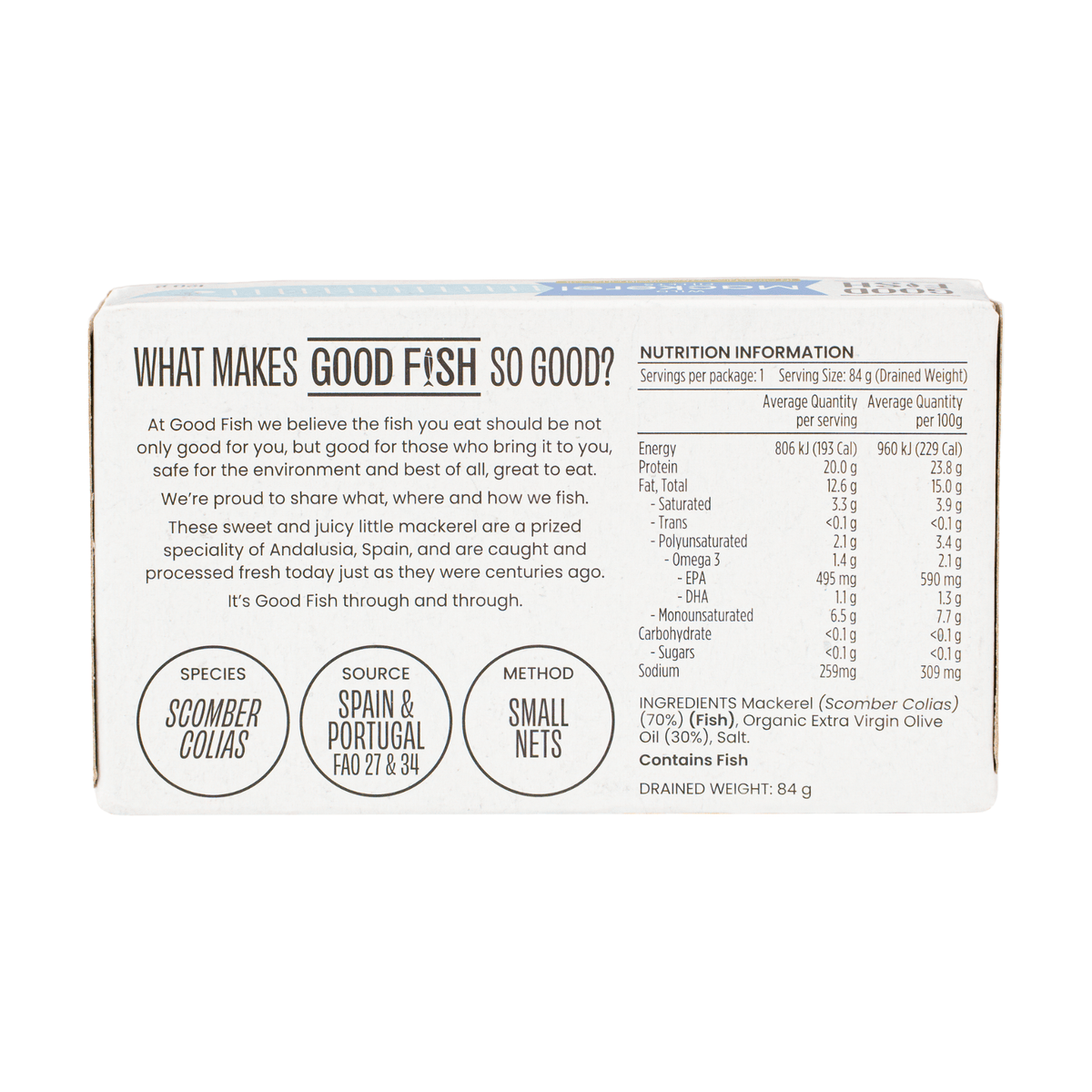 Back of the Good Fish Wild Mackerel Fillets 120 g can with nutrition information and ingredients
