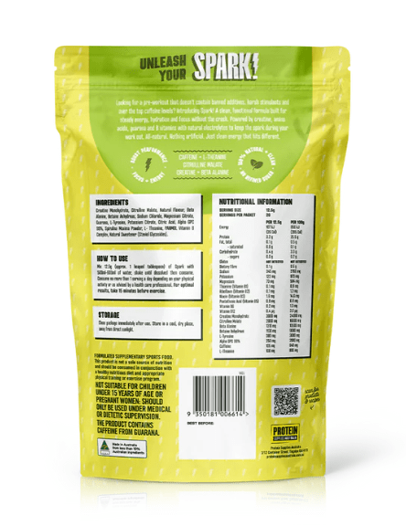 Back of Spark Pre-workout - Sour Apple - 250g packaging by Protein Supplies Australia showing ingredients and nutrition info.