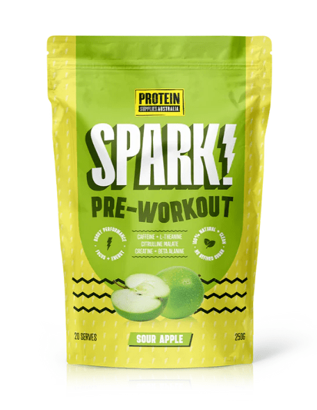Protein Supplies Australia Spark Pre-workout - Sour Apple - 250g in green packaging, Gluten Free, Low Carb, New Arrivals collections.