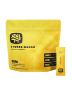 Stoked Mango Electrolyte Drink Mix - 30 Sticks by SALTT in bright yellow packaging with mineral content and zero sugar claims