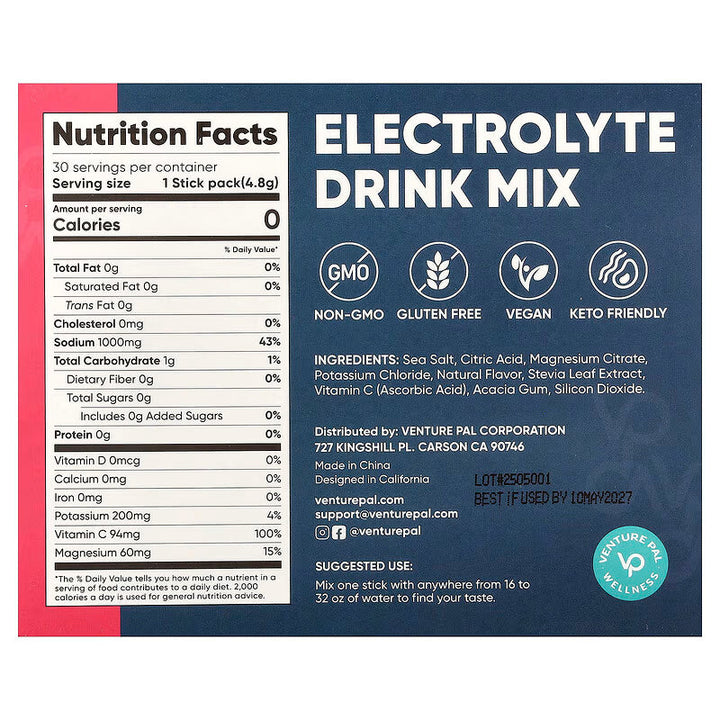 Nutrition facts and ingredient details for Venture Pal's Strawberry Electrolyte Drink Mix - 30 Sticks, highlighting keto-friendly, vegan, and gluten-free features.