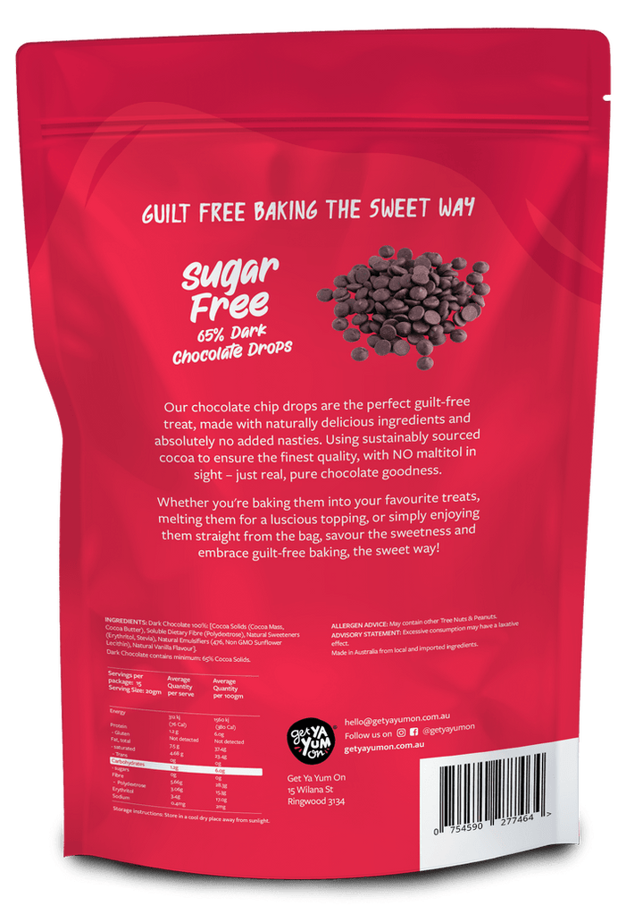 Sugar Free 65% Dark Chocolate Chips - 250g - Love Low Carb