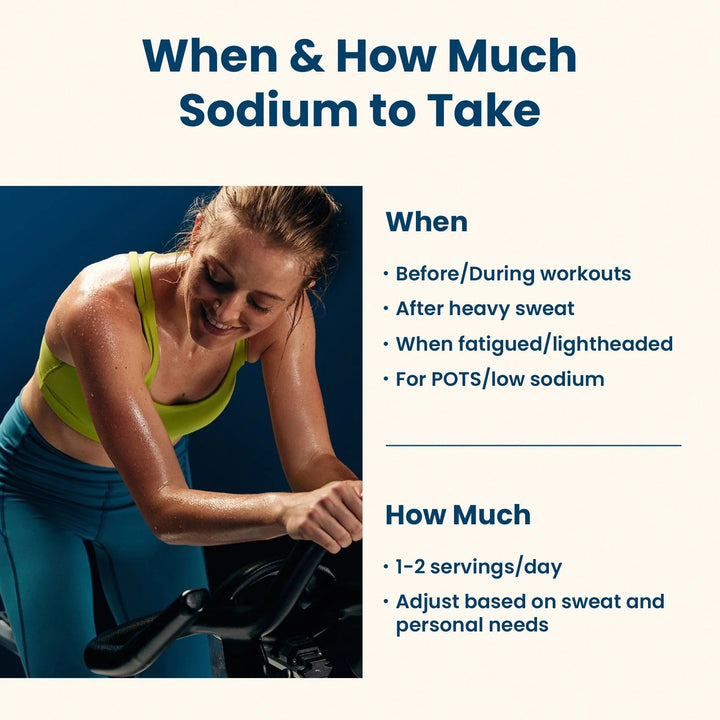 Woman in workout gear using exercise bike next to sodium intake guide for Grape Electrolyte Drink Mix - 30 Sticks by Venture Pal