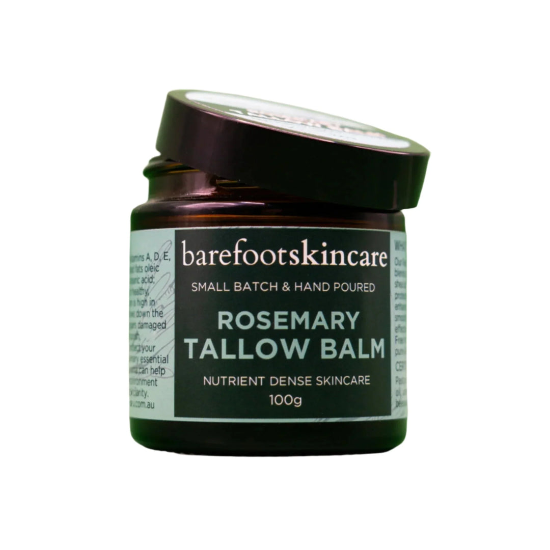 Tallow Balm - Rosemary - 100g in amber jar by Barefoot Skincare Co, nutrient-rich, hand poured skincare balm