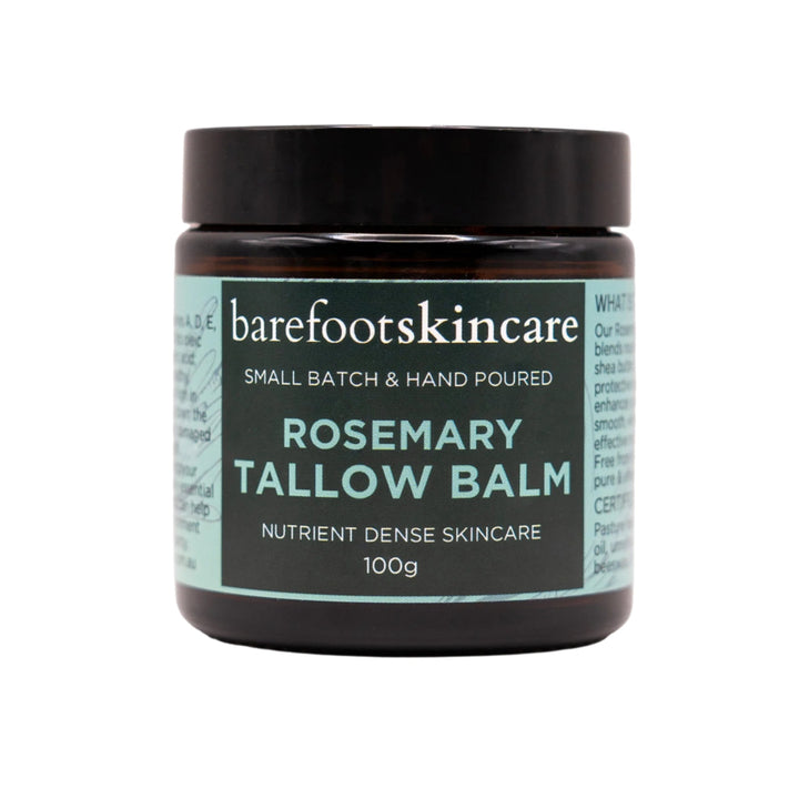Tallow Balm - Rosemary - 100g by Barefoot Skincare Co in dark jar with mint green label for nutrient dense skincare.