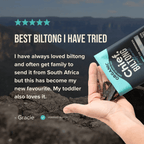 Hand holding Chief Traditional Beef Biltong - 30g snacks with a five-star customer review in the background.