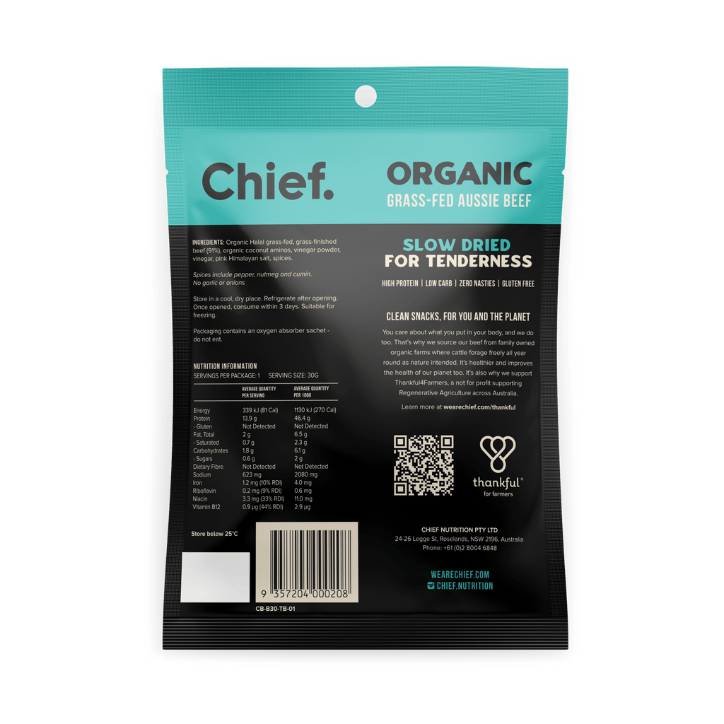 Back of Chief Traditional Beef Biltong - 30g pack showing organic ingredients, nutrition, and slow dried process details.