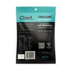Back of Chief Traditional Beef Biltong - 30g pack showing organic ingredients, nutrition, and slow dried process details.