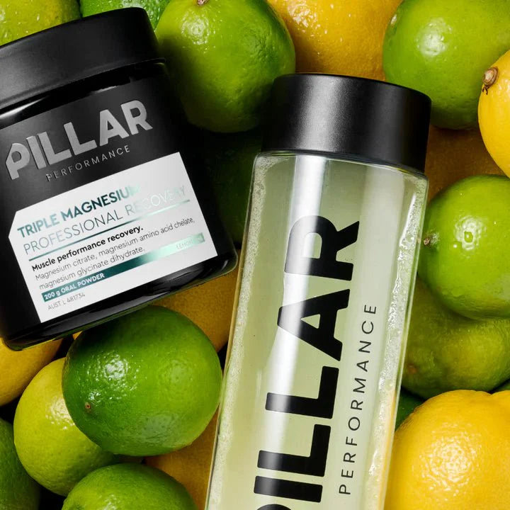 Triple Magnesium Powder - Lemon Lime - 200g by PILLAR PERFORMANCE with citrus fruits, vegan and gluten free blend