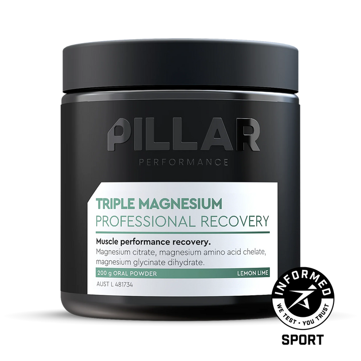Triple Magnesium Powder - Lemon Lime - 200g by PILLAR PERFORMANCE in black jar for muscle recovery and keto-friendly nutrition