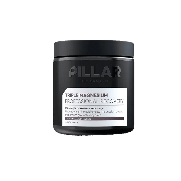 Black jar of Pillar Performance Triple Magnesium Professional Recovery on a white background