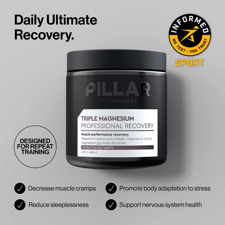 PILLAR Performance supplement jar with branding and product features on a gray background