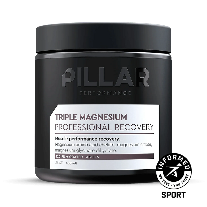 Pillar Performance Triple Magnesium Professional Recovery powder jar on a white background