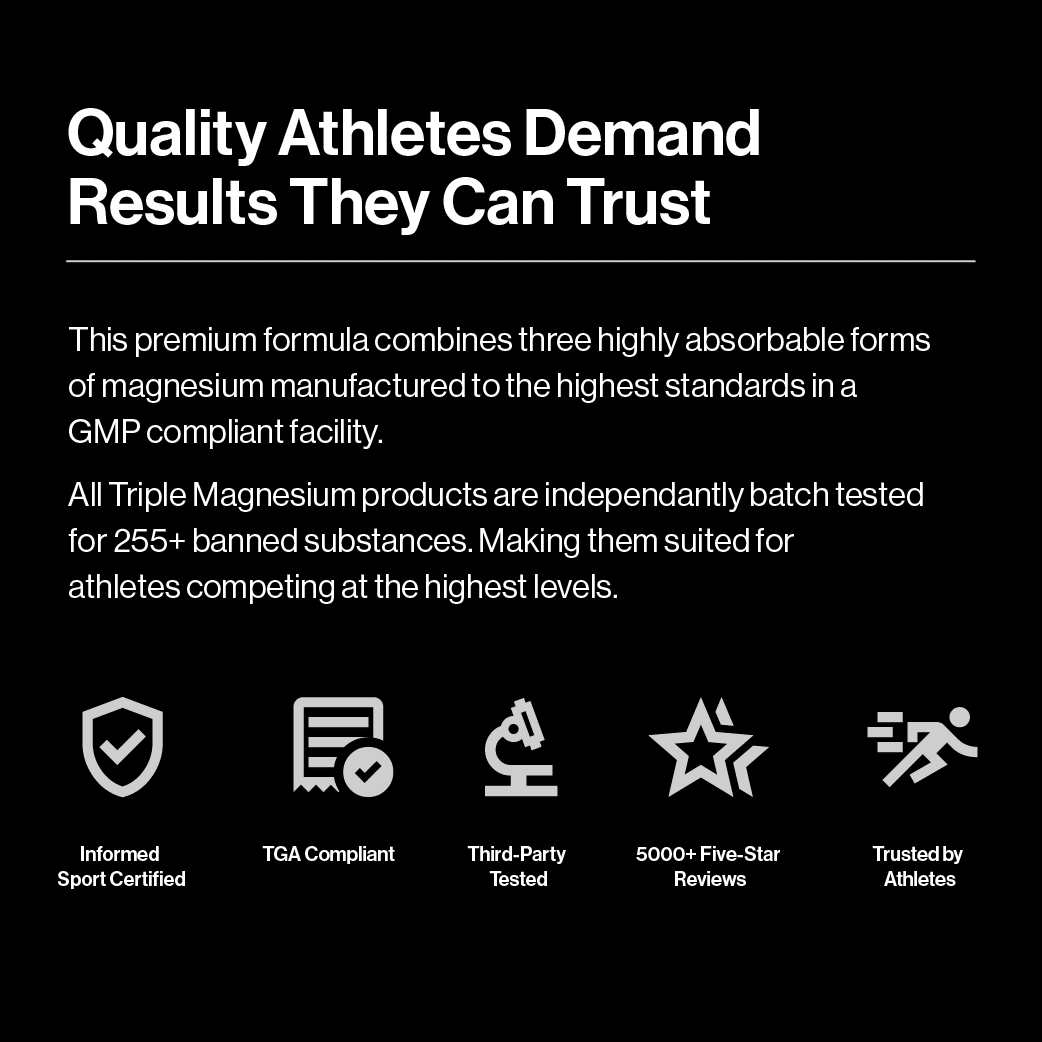 Product advertisement for Triple Magnesium with certification icons and text on a black background