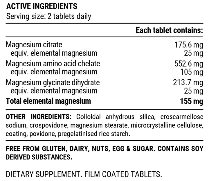 Nutritional supplement label detailing active ingredients and other components.