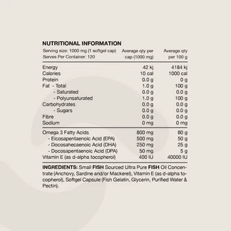 Nutritional information label for Ultra Fish Oil High Strength Norwegian Omega 3 - 30 Caps by Switch Nutrition, New Arrivals collection