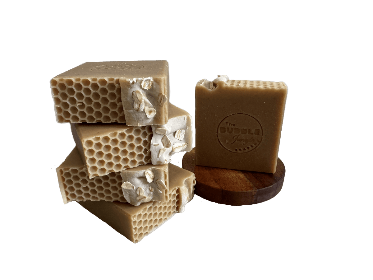Unapologetically Naked Tallow Soap - 170g stacked honeycomb textured bars with The Bubble Jungle branding on wooden base