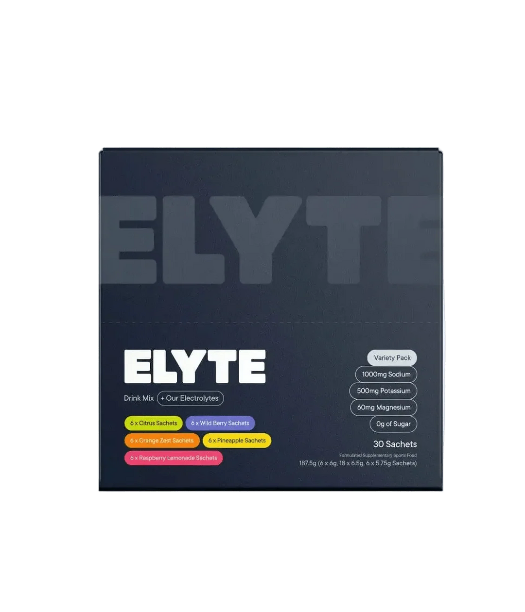 Variety Hydration Drink Mix - 30 Sachets by Elyte, featuring electrolytes with citrus, wild berry, orange zest, pineapple, and raspberry flavors.