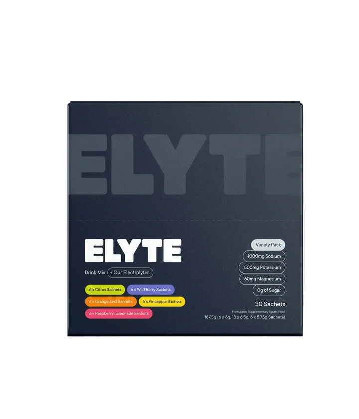 Variety Hydration Drink Mix - 30 Sachets by Elyte, featuring electrolytes with citrus, wild berry, orange zest, pineapple, and raspberry flavors.