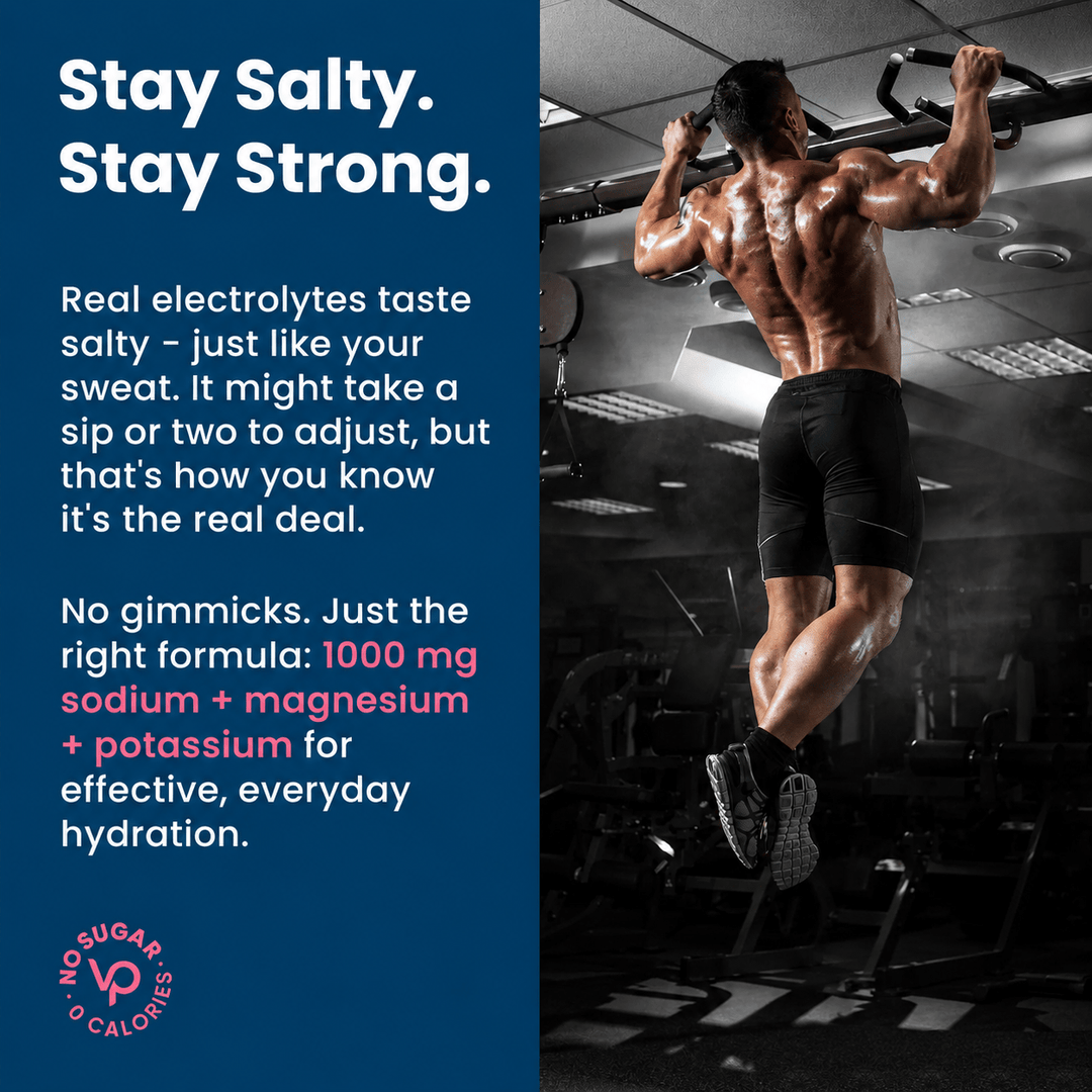 Athlete performing pull-ups in a gym beside text emphasizing Venture Pal - Single Stick with real electrolytes including sodium, magnesium, and potassium for effective hydration.