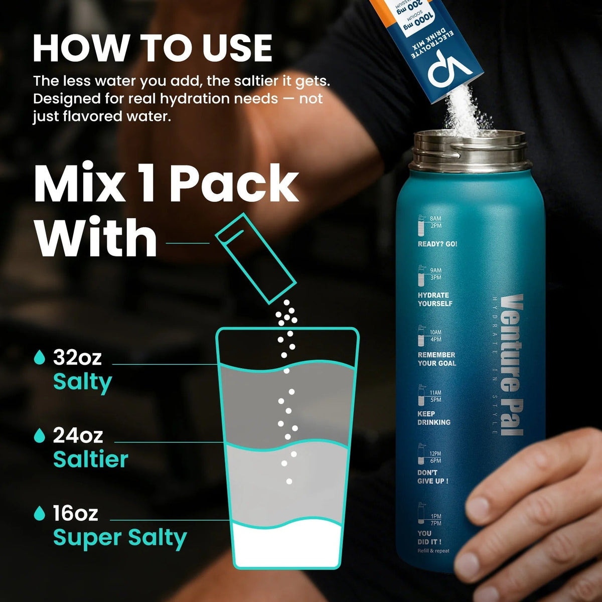 Hand pouring Venture Pal - Single Stick electrolyte powder into a blue bottle with hydration instructions and salty water levels.