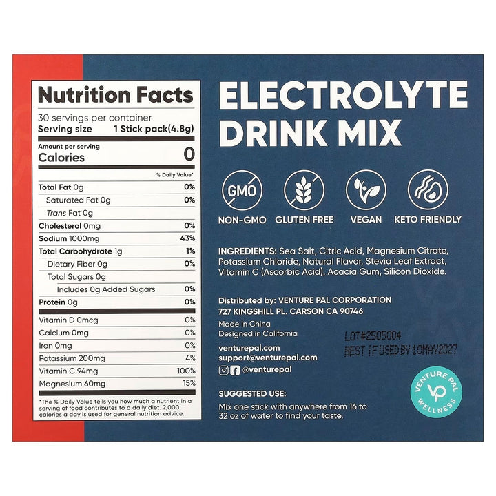 Watermelon Electrolyte Drink Mix - 30 Sticks nutrition facts and ingredients by Venture Pal, supporting active hydration needs.
