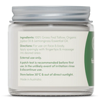Back label of Whipped Tallow - Face And Body Balm - Lemongrass - 80g by Handmaid with ingredients and usage instructions visible