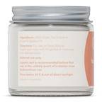 Back label of Whipped Tallow - Face And Body Balm - Natural - 80g with ingredients and usage instructions by Handmaid.