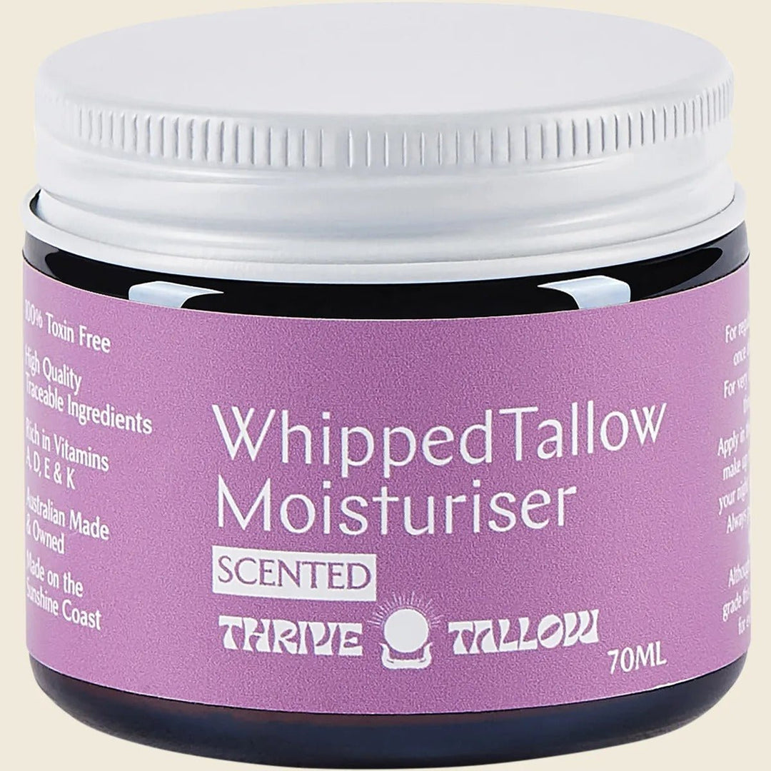 Whipped Tallow Moisturiser - Ylang Ylang & Vanilla - 70ml by Thrive Tallow in purple jar from Body & Beauty skincare collection.