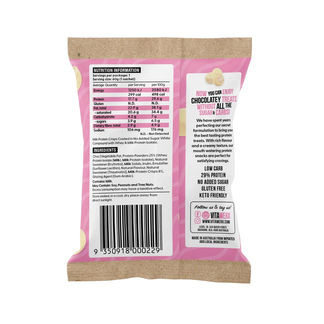 Back of White Choc Puff'd Protein Crisps - 60g by Vitawerx showing nutrition facts, ingredients, and keto-friendly packaging details.
