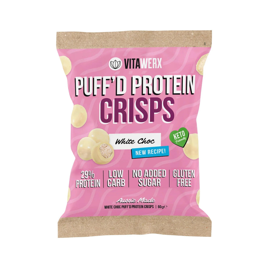 White Choc Puff'd Protein Crisps - 60g by Vitawerx in pink packaging with keto, low carb, gluten-free labels