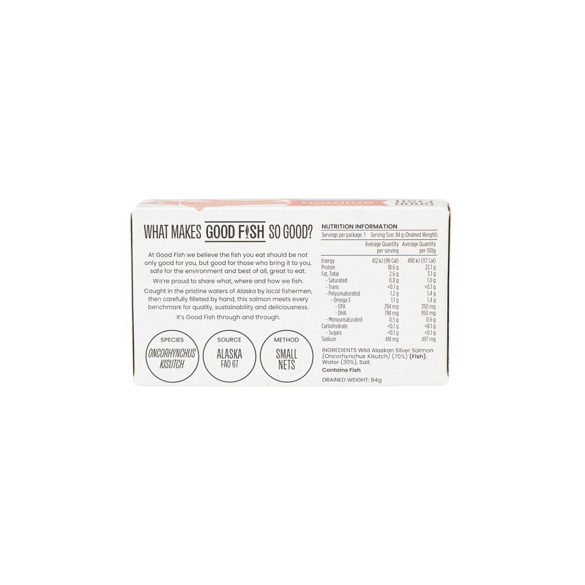 Back of Wild Alaskan Salmon Fillets in Natural Water - 120g Can by Good Fish showing nutrition facts and product details.