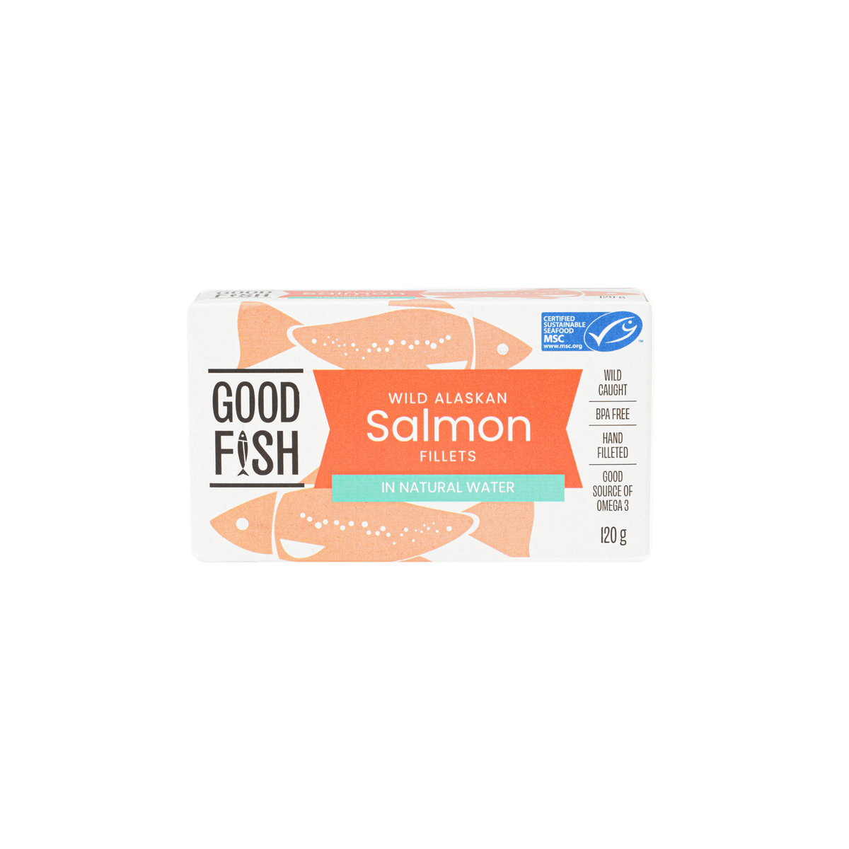 Good Fish Wild Alaskan Salmon Fillets in Natural Water - 120g Can with sustainable MSC label in Pantry and Seafood collections