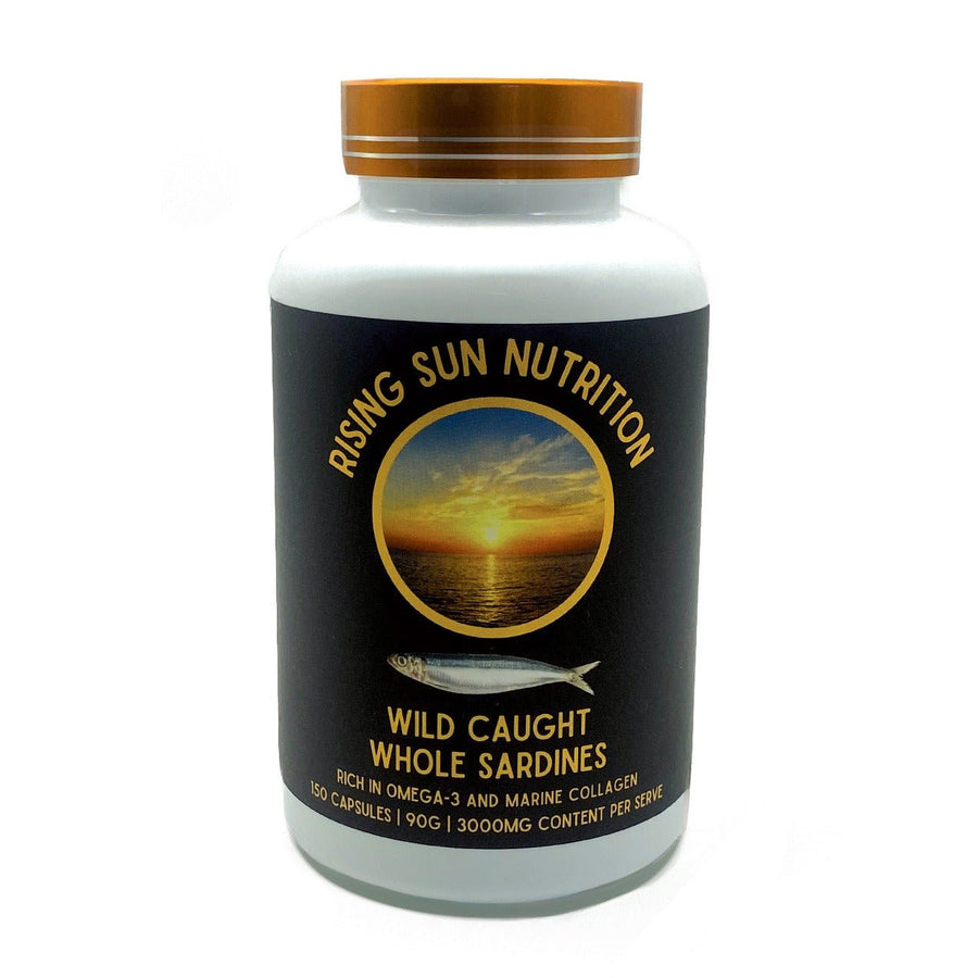 Rising Sun Nutrition Wild Caught Whole Sardines - 150 Capsules bottle, omega-3 rich supplement in black label design