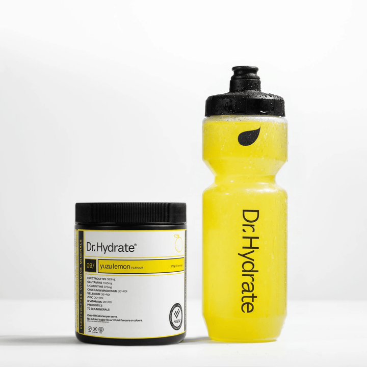 Yuzu Lemon Jar - 30 Serves by Dr. Hydrate with a yellow hydration bottle, part of Drinks and Electrolytes collections.