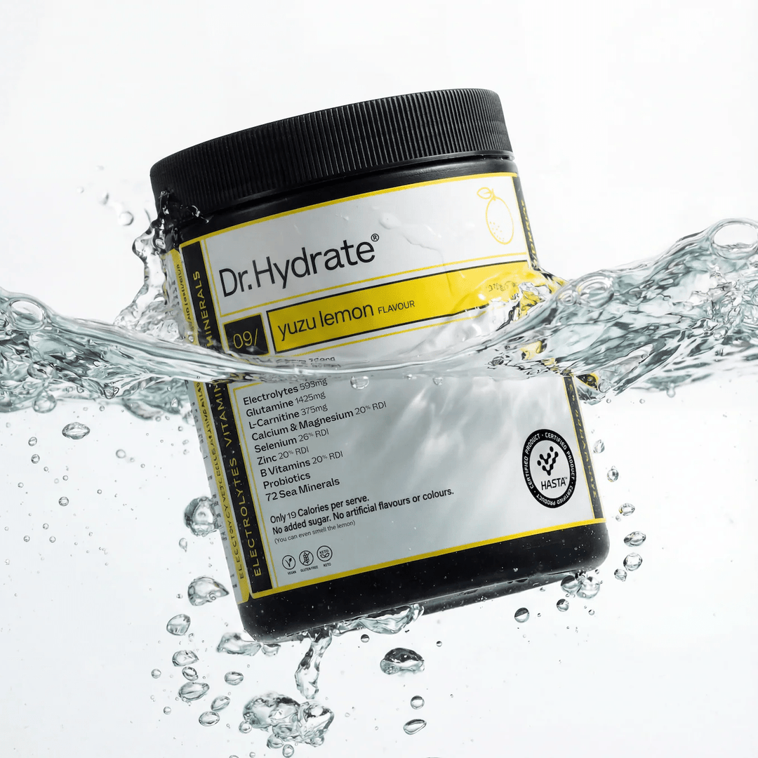 Dr. Hydrate Yuzu Lemon Jar - 30 Serves electrolyte hydration powder splashing in clear water, functional low carb drink.