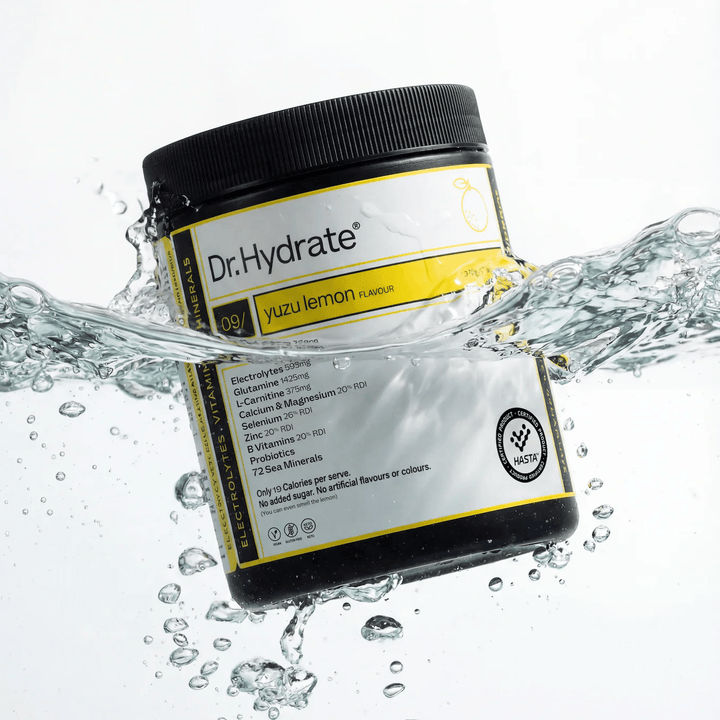 Dr. Hydrate Yuzu Lemon Jar - 30 Serves electrolyte hydration powder splashing in clear water, functional low carb drink.