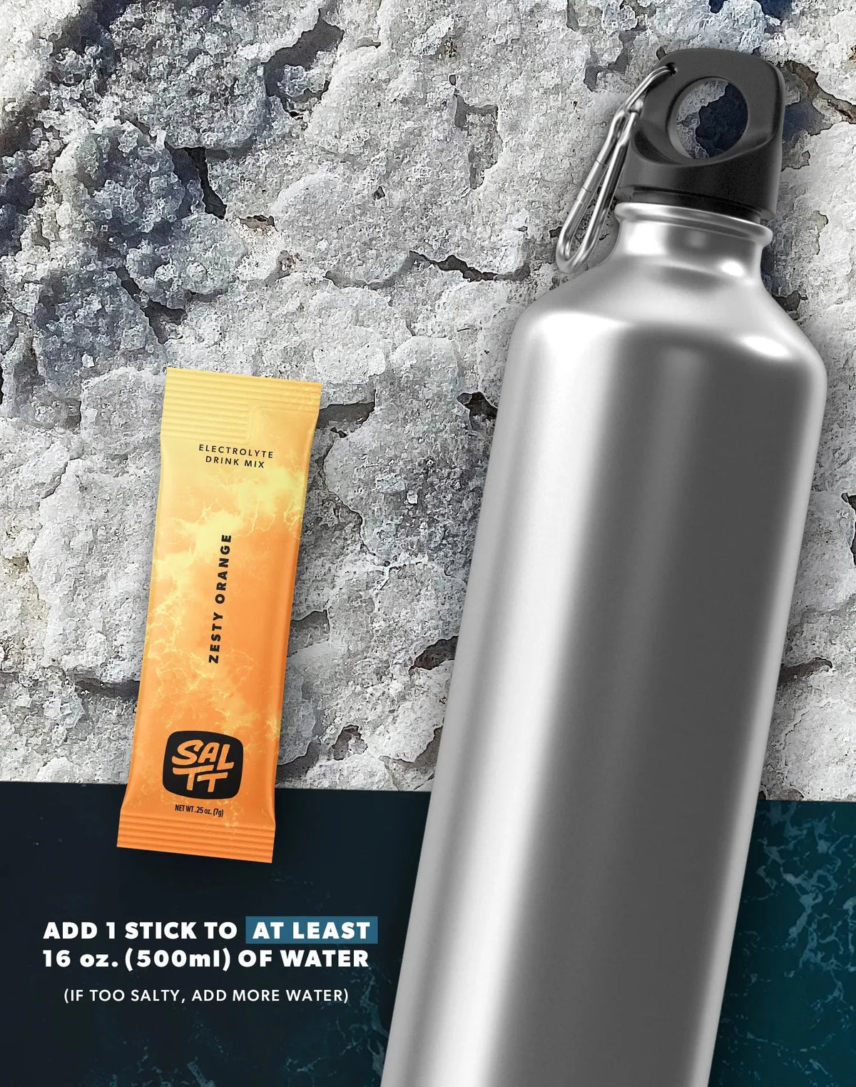 Zesty Orange Electrolyte Drink Mix - 30 Sticks by SALTT next to aluminum water bottle on textured background