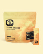 Zesty Orange Electrolyte Drink Mix - 30 Sticks by SALTT in orange packaging, featuring mineral content and zero sugars.